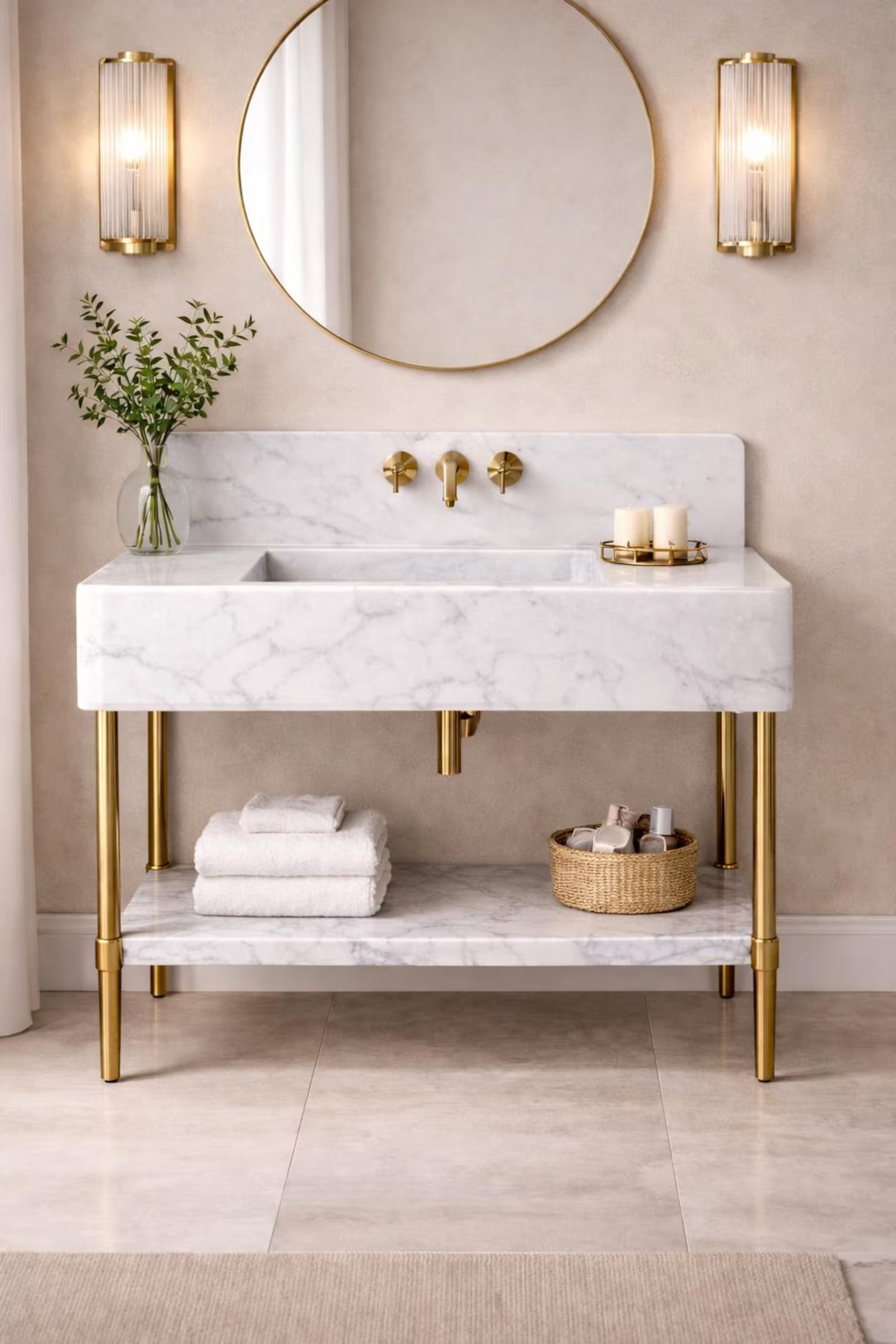 Carrara White Marble Vanity with Brass Legs and Shelf