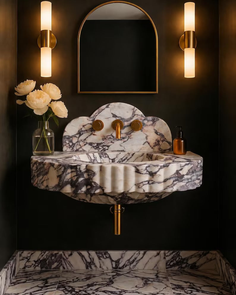 Italian Calacatta Viola Marble Sink, Designer Scalloped Bathroom Vanity