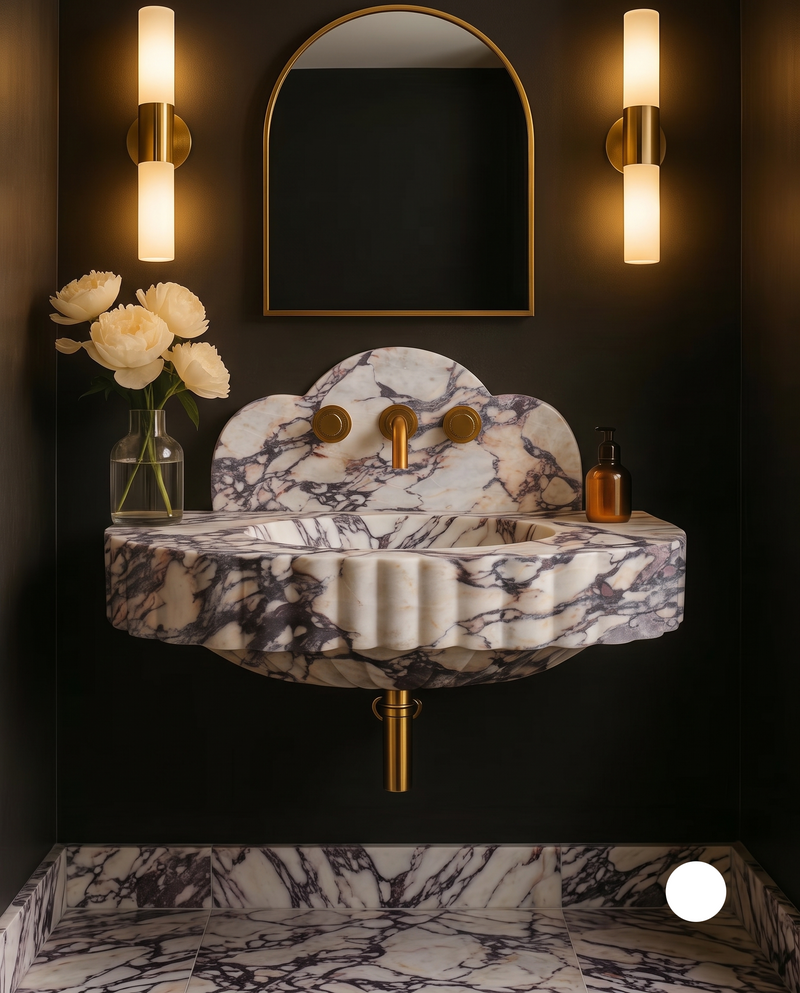 Italian Calacatta Viola Marble Sink, Designer Scalloped Bathroom Vanity