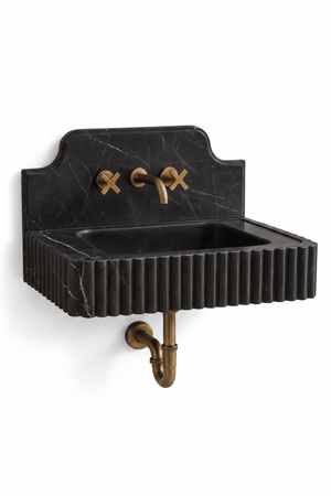 Floating Nero Marquina Black Marble Sink with Backsplash | Custom Wall Mounted Vanity