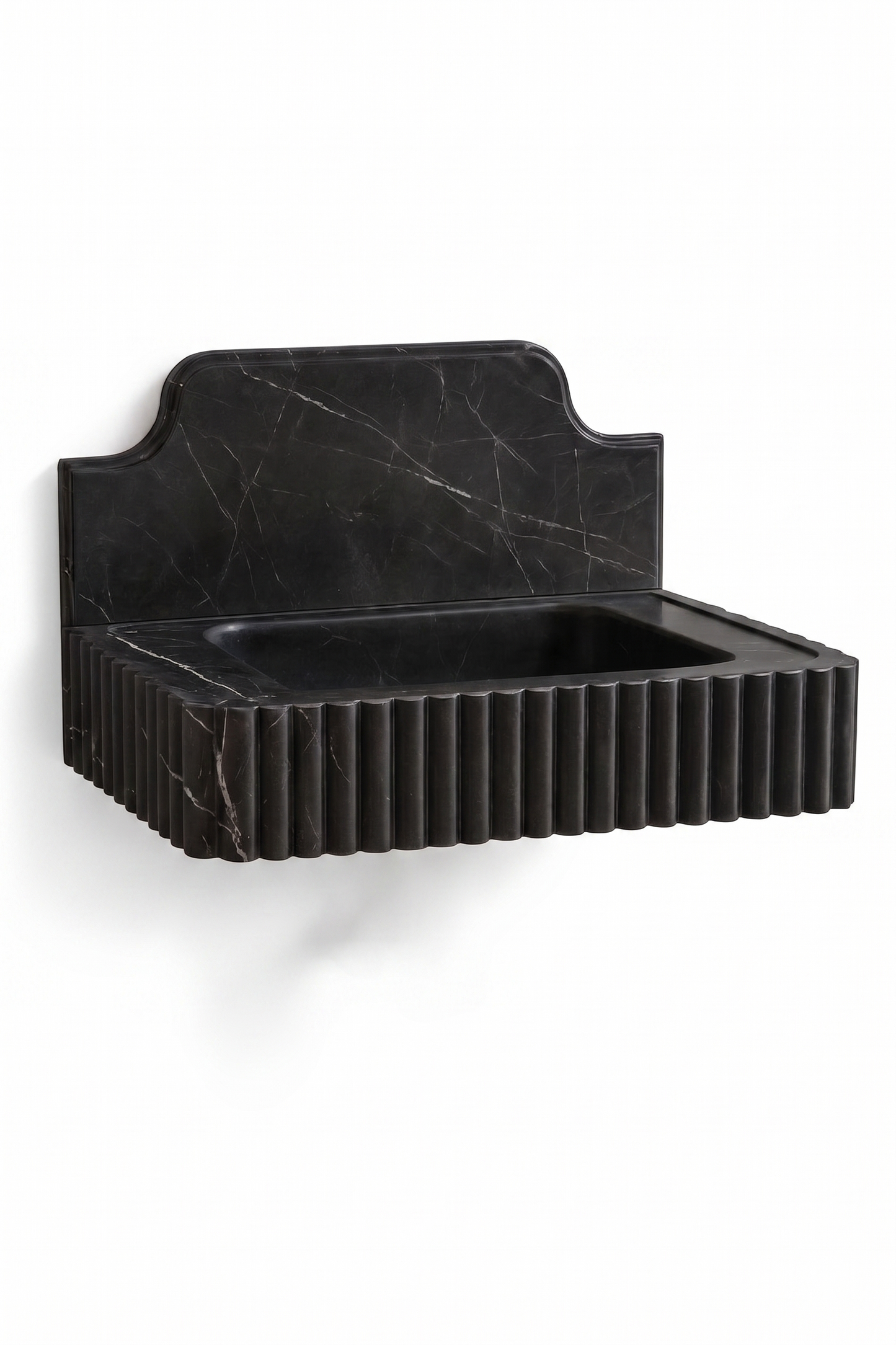 Floating Nero Marquina Black Marble Sink with Backsplash | Custom Wall Mounted Vanity