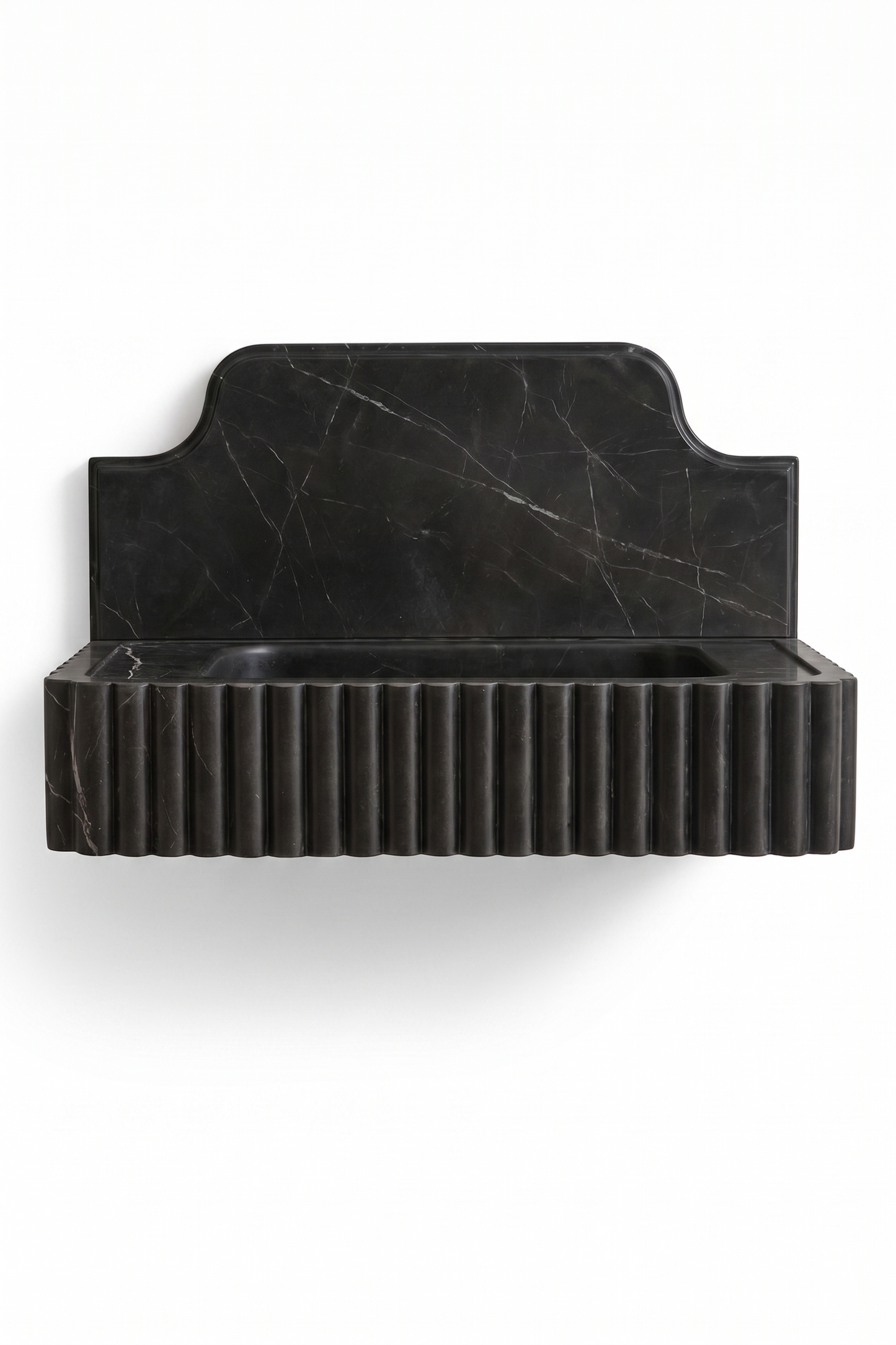 Floating Nero Marquina Black Marble Sink with Backsplash | Custom Wall Mounted Vanity