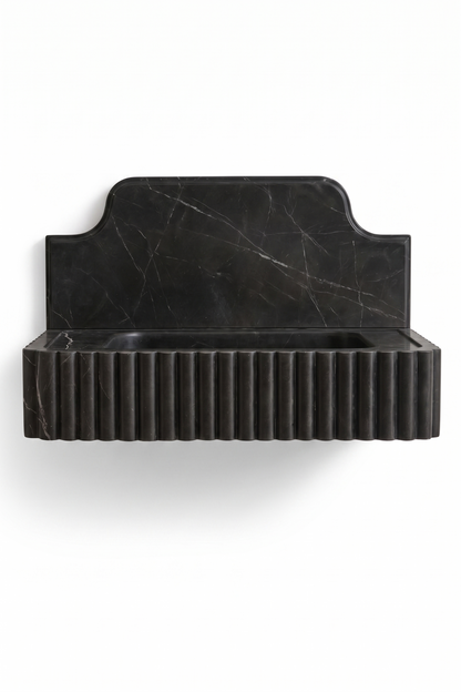 Floating Nero Marquina Black Marble Sink with Backsplash | Custom Wall Mounted Vanity