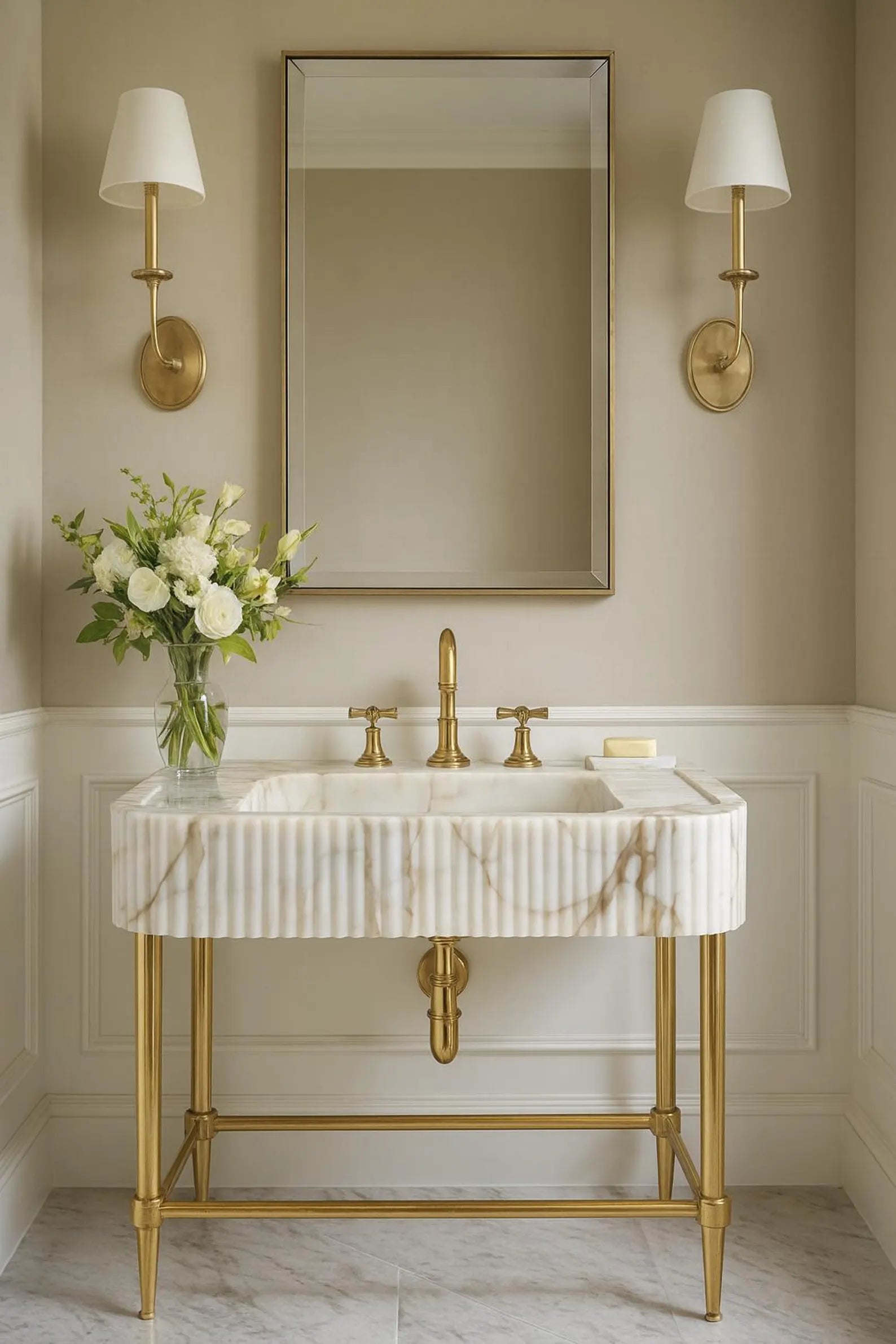 Bathroom vanity with marble sink, gold fixtures, and wall sconces.