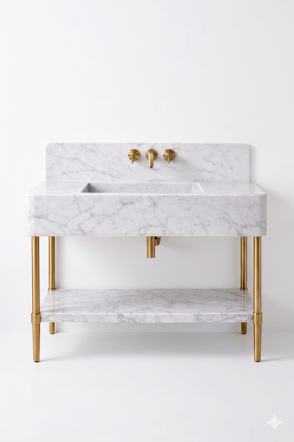 Carrara White Marble Vanity with Brass Legs and Shelf