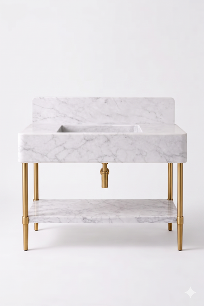 Carrara White Marble Vanity with Brass Legs and Shelf