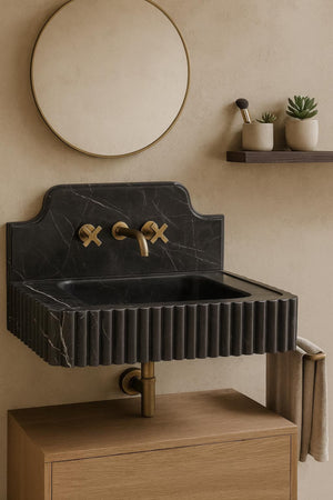 Floating Nero Marquina Black Marble Sink with Backsplash | Custom Wall Mounted Vanity