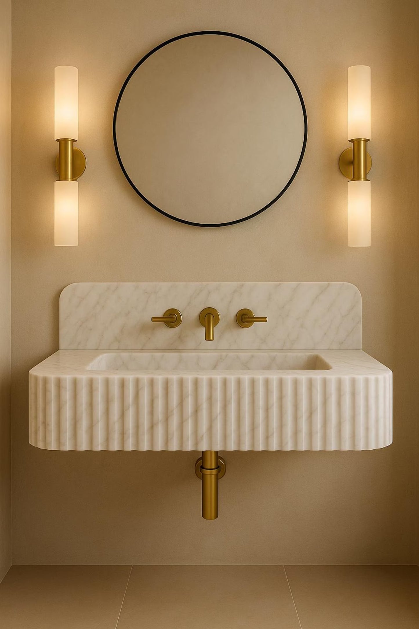 Floating Beige Marble Sink | Custom Wall Mounted Wash Basin