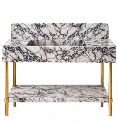 Handmade Calacatta Viola Marble Sink Vanity with Brass Legs and Shelf