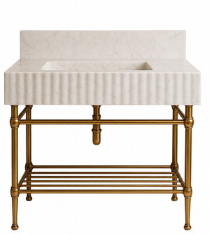 Carrara White Marble Vanity with Brass Legs and Metal Shelf