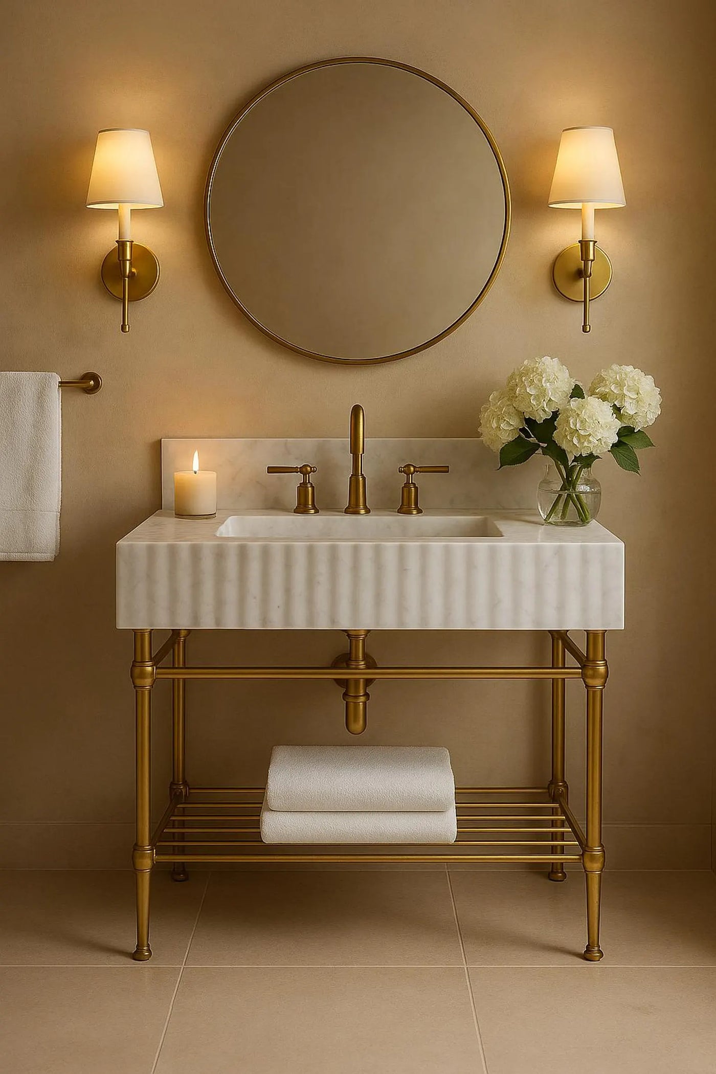 Carrara White Marble Vanity with Brass Legs and Metal Shelf