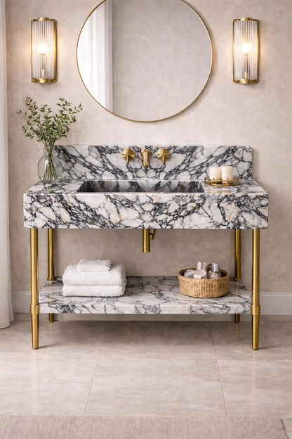 Handmade Calacatta Viola Marble Sink Vanity with Brass Legs and Shelf
