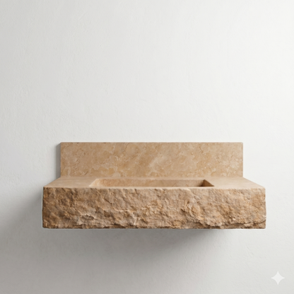 Floating Travertine Stone Sink with Backsplash | Custom Wall Mounted Vanity