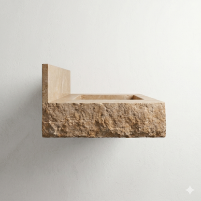 Floating Travertine Stone Sink with Backsplash | Custom Wall Mounted Vanity