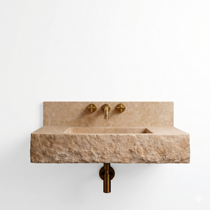 Floating Travertine Stone Sink with Backsplash | Custom Wall Mounted Vanity