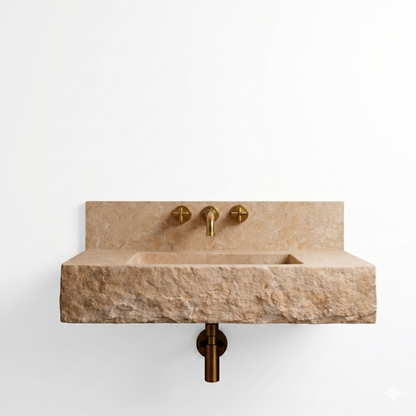 Floating Travertine Stone Sink with Backsplash | Custom Wall Mounted Vanity
